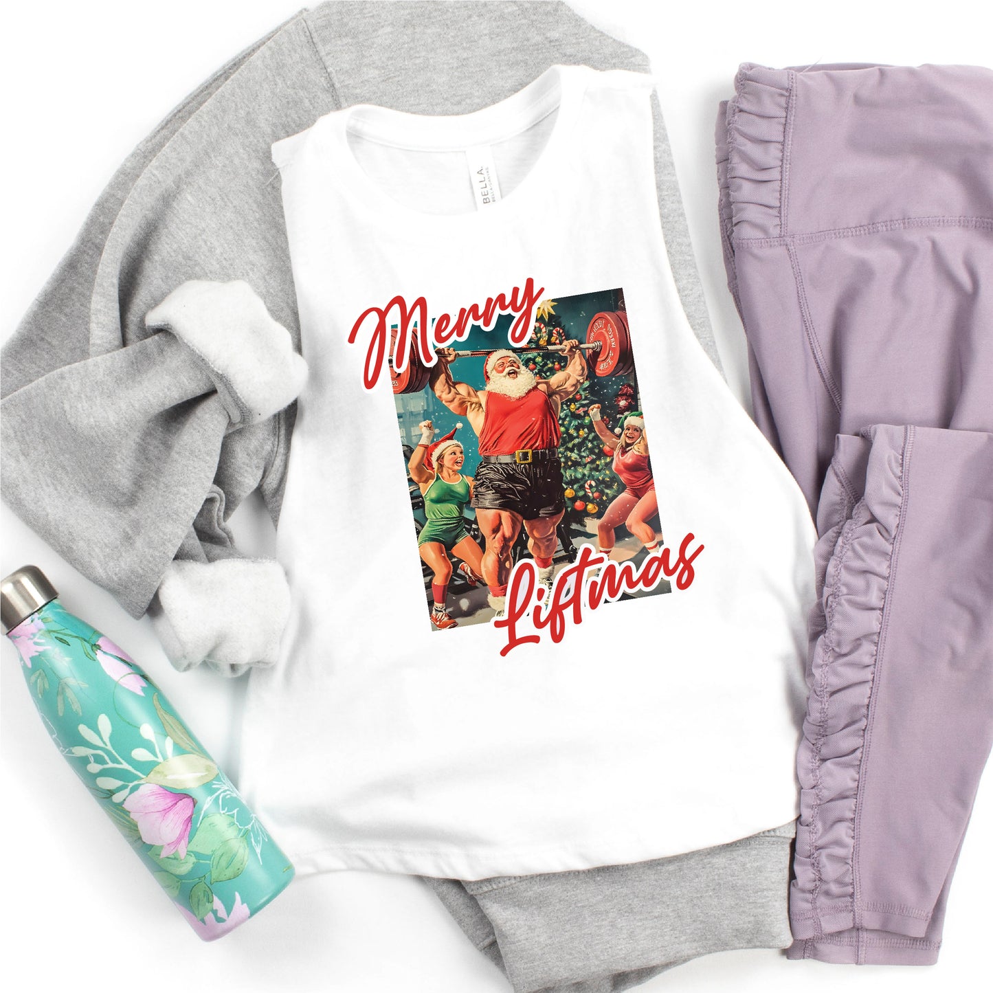Merry Liftmas Santa Weightlifting Elves Bella Canvas Crop Tank New