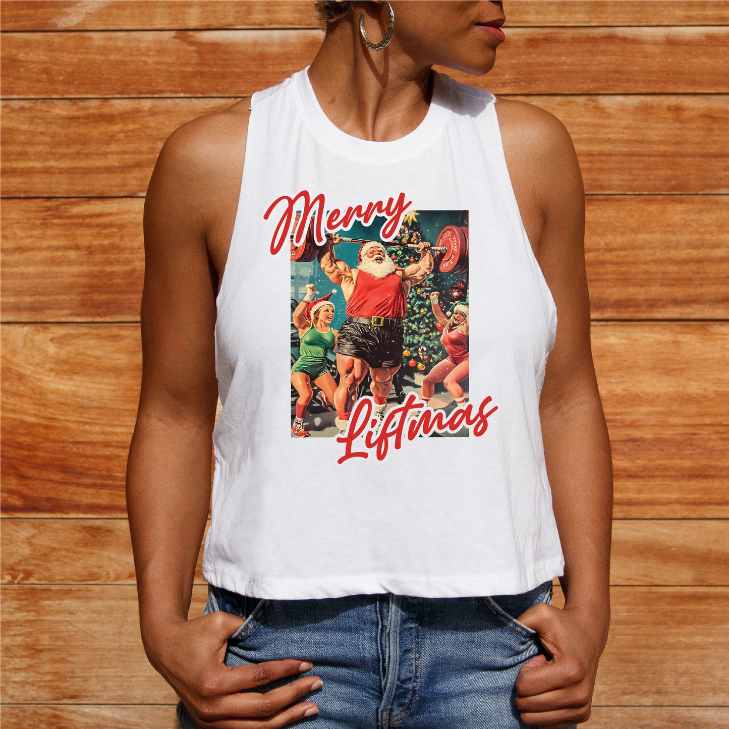 Merry Liftmas Santa Weightlifting Elves Bella Canvas Crop Tank New