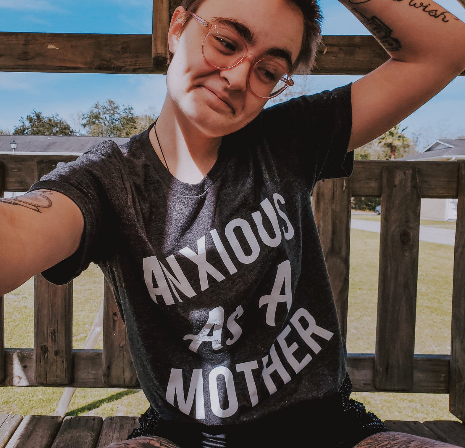heather dark grey tee that says, "ANXIOUS AS A MOTHER" - short sleeve - graphic tee - tshirt - mom life