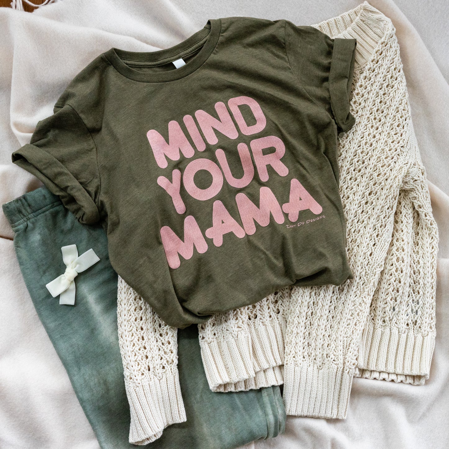 Mind Your Mama Metallic Rose Gold on OLIVE Green Tee