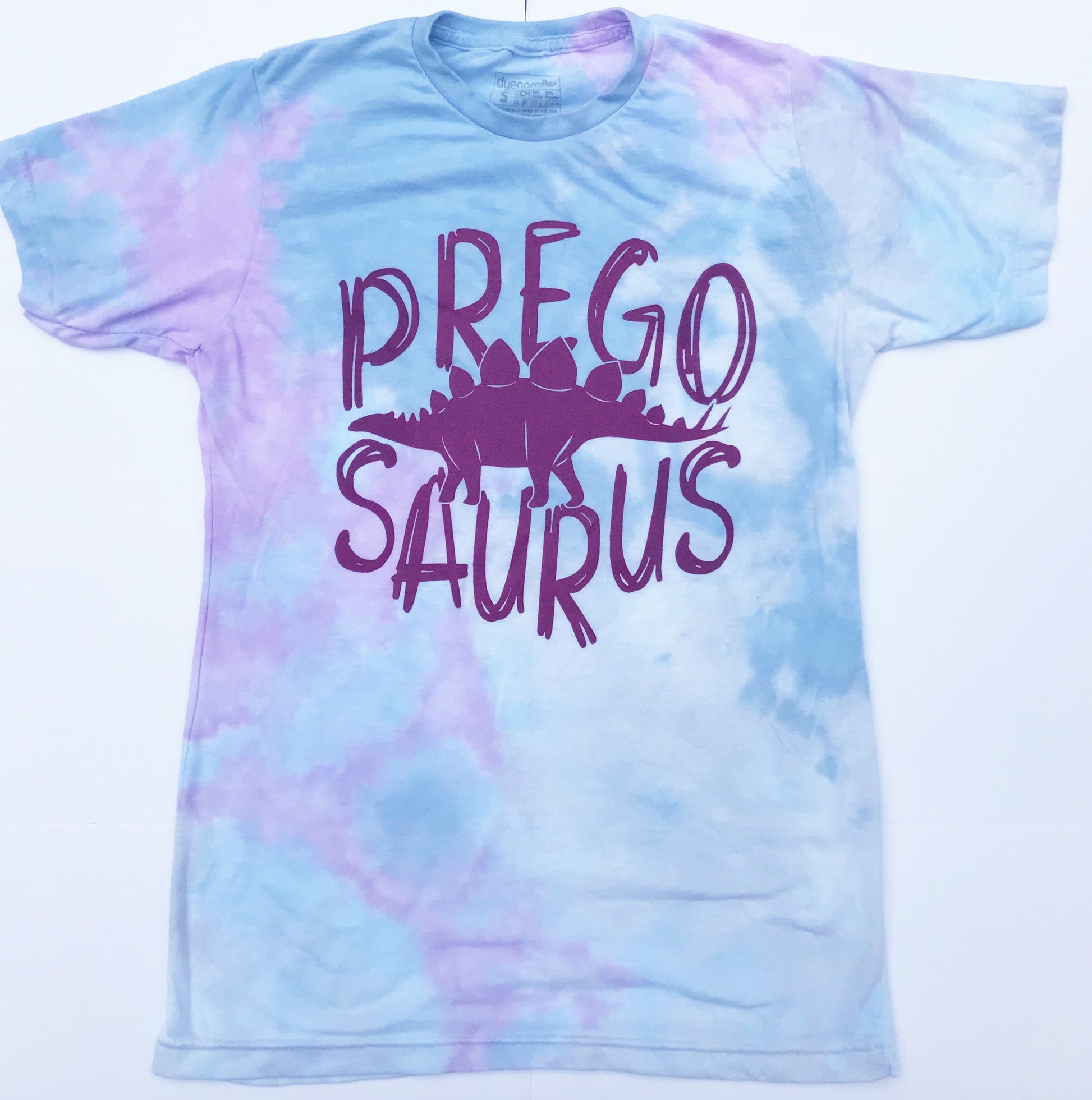 pink and blue tie dye tee that says, "PREGO SAURUS" with a dino inbetween the 2 words - maternity - pregnant - dino - tie dye -graphic tee
