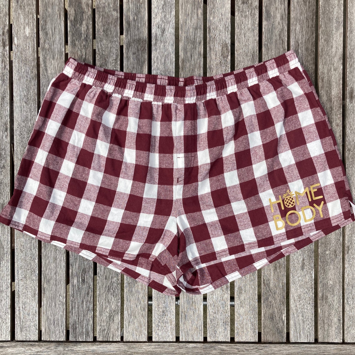 Home Body Pineapple Maroon and White Buffalo Plaid Flannel Shorts