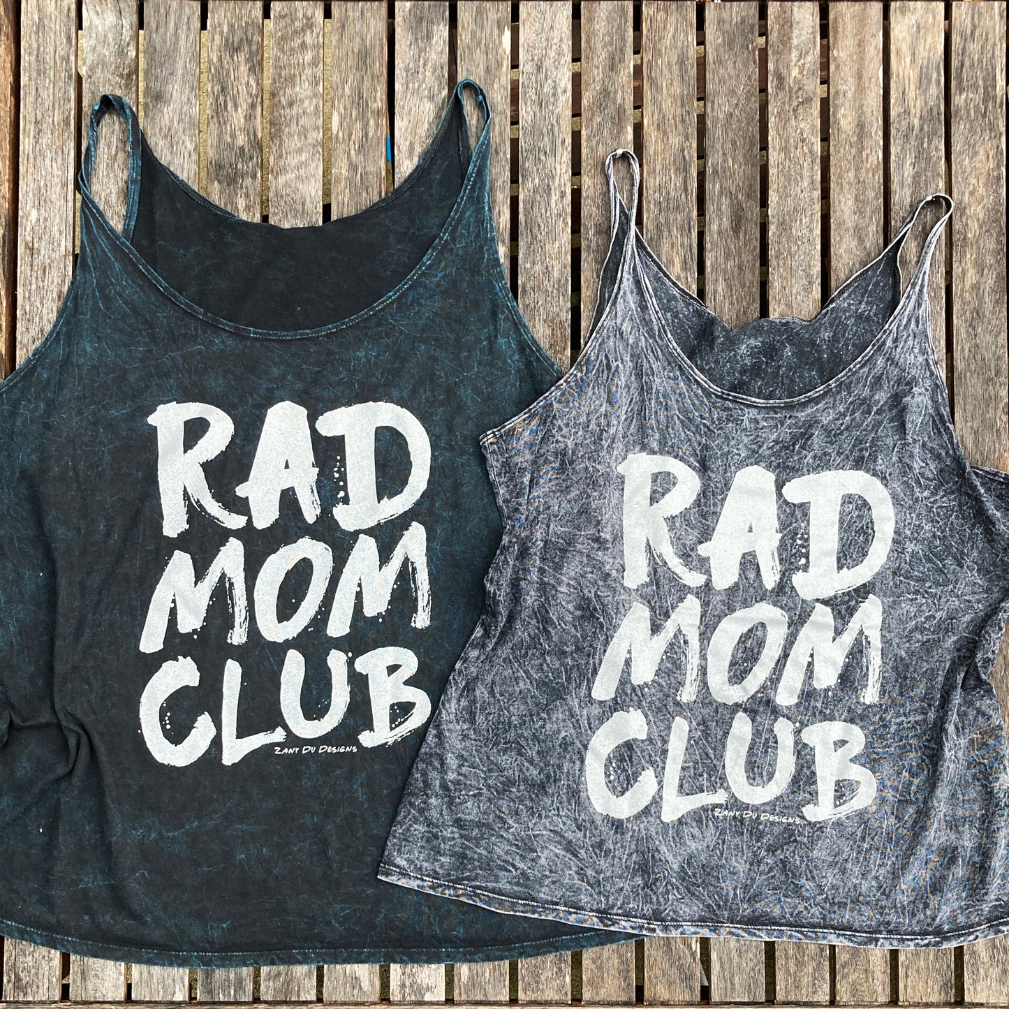 Rad mom acid wash flowy tank top with teh writing saying "RAD MOM CLUB" in a white font. - Rad - Mom -