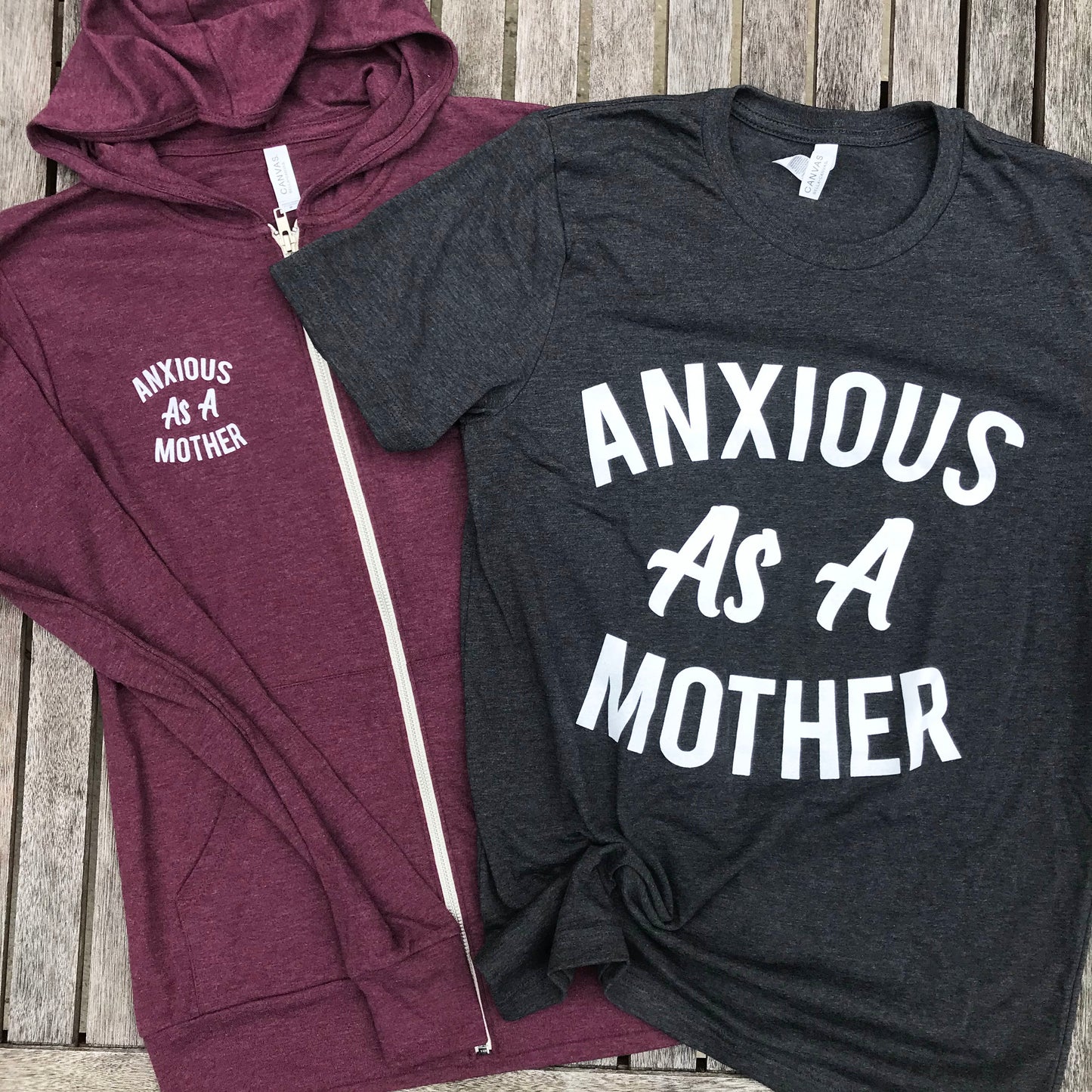 heather dark grey tee that says, "ANXIOUS AS A MOTHER" - short sleeve - graphic tee - tshirt - mom life