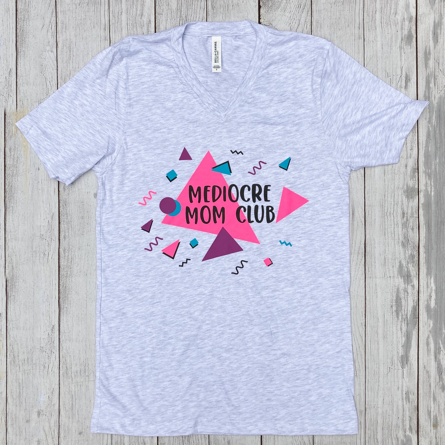 90's Tee saying, "MEDIOCRE MOM CLUB" - Retro - Graphic Tee - Deep V-neck - Purple, pink, and Blue
