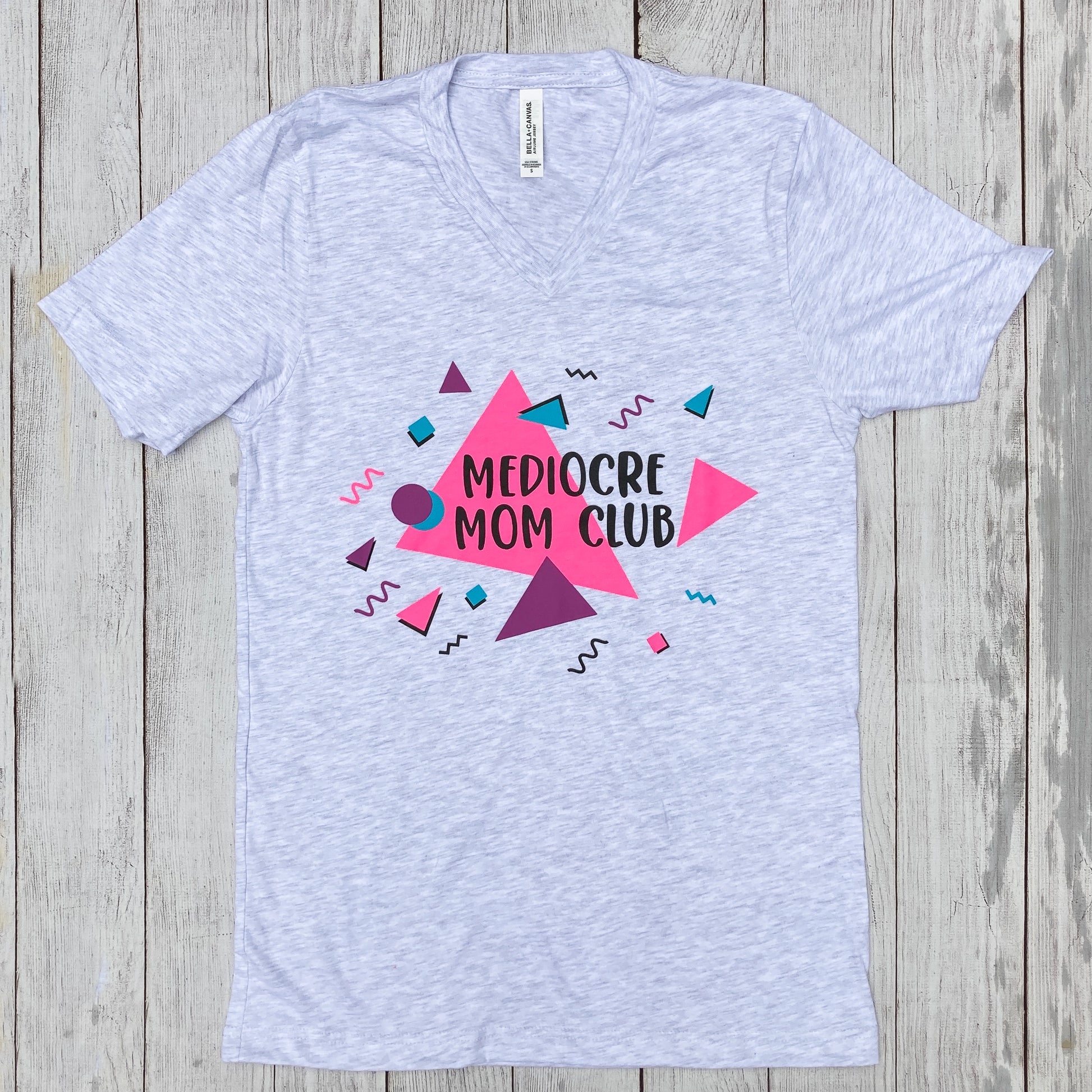 90's Tee saying, "MEDIOCRE MOM CLUB" - Retro - Graphic Tee - Deep V-neck - Purple, pink, and Blue