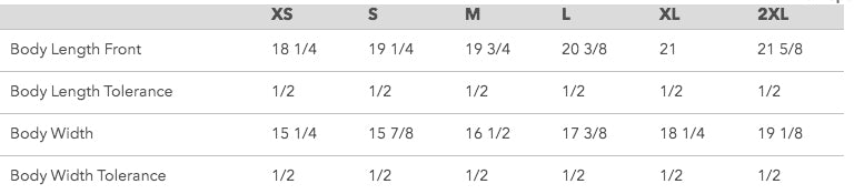 Showing sizing chart