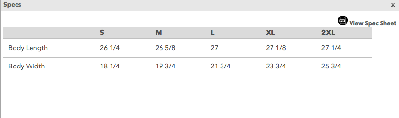 Sizing Chart is shown