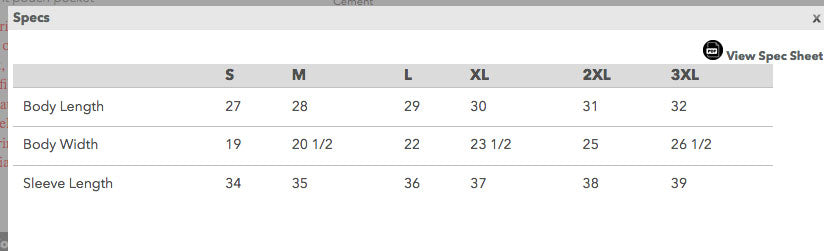 showing sizing chart