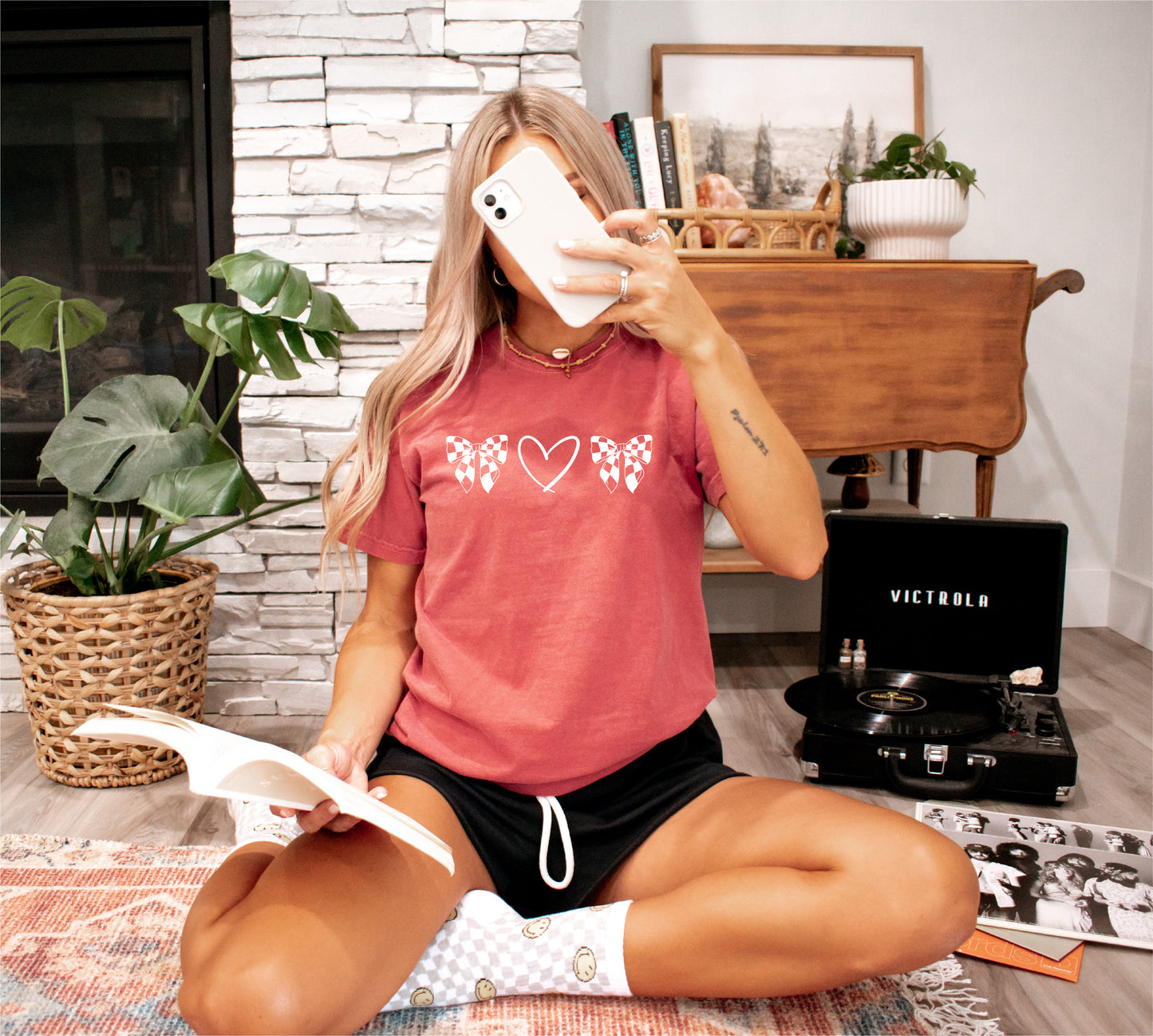 Croquette Checker Bow Valentine Crimson Red Comfort Color Unisex Tee New