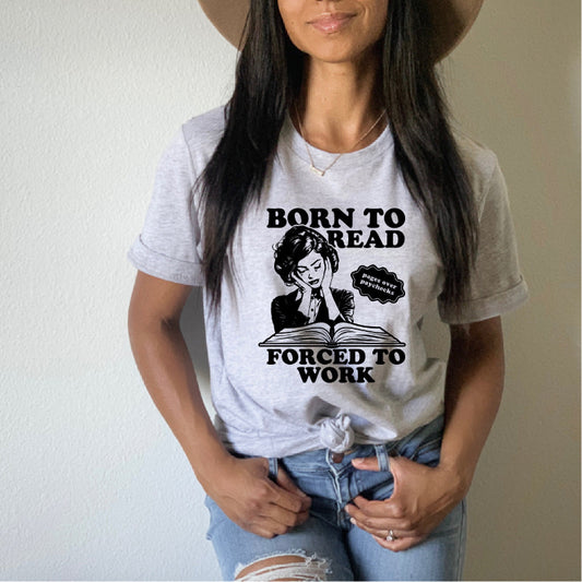 born to read with vintage woman on grey tshirt