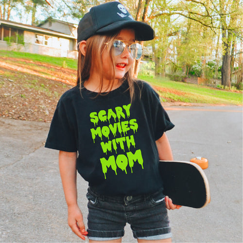 Scary Movies with Mom Neon Green TODDLER Tee