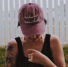 Adjustable maroon garment dyed hat that says, "mediocre mom club" and this is in a cursive white font - hat - cap - mediocre mom -okay mom - hot mess mom - alright mom