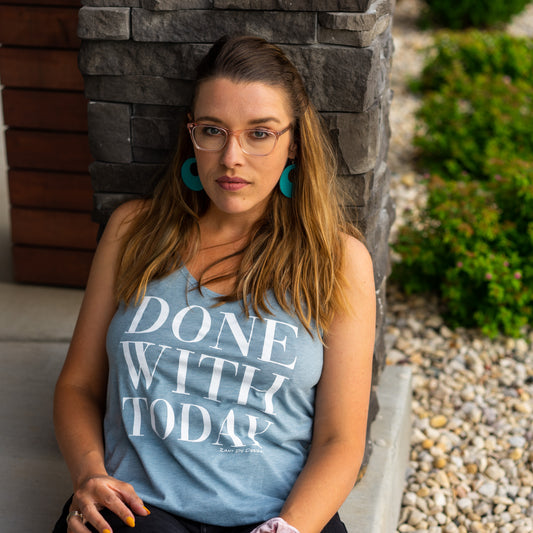 stonewahed denim split hem tank top for women that says, "DONE WITH TODAY" - tired - working - busy