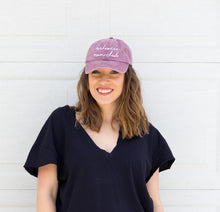 Adjustable maroon garment dyed hat that says, "mediocre mom club" and this is in a cursive white font - hat - cap - mediocre mom -okay mom - hot mess mom - alright mom