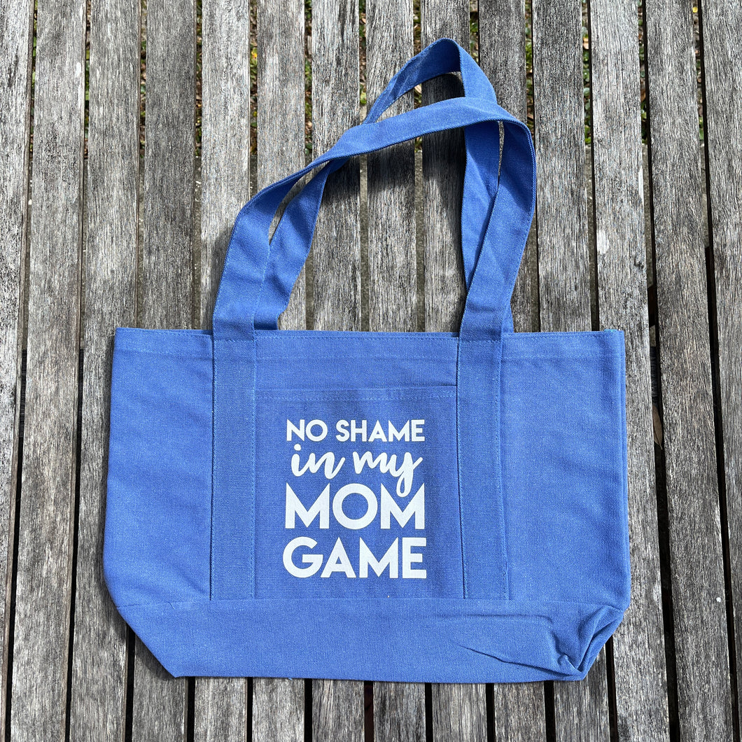 No Shame in my Mom Game Blue Canvas Tote Bag