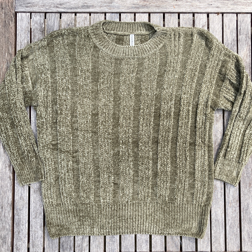 Olive Green Chenille Cable Knit Sweater