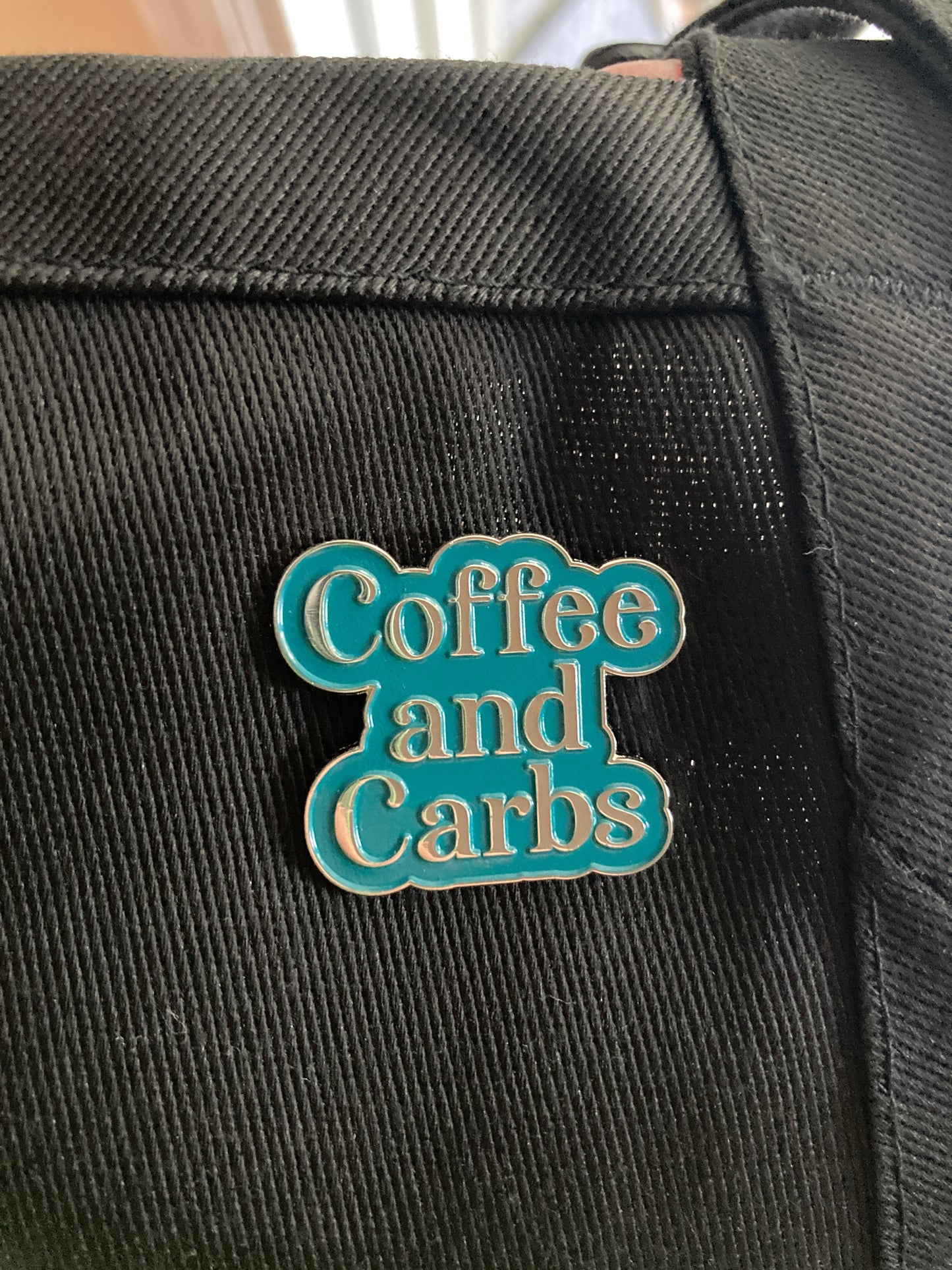 Teal blue pin that says, "Coffee and Carbs" pin, lapel, accessory, backpack, pouch, fanny pack, pin, enamel pin, back to school, coffee lover, coffee, mom life, motherhood, mom gift, college, sorrority, carbs, carb lover, Mommy, Mother's day