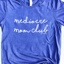 Purple short sleeve tee that says, "mediocre mom club" in cursive white writing - okay mom - hot mess mom - mom club - tee - graphic tee