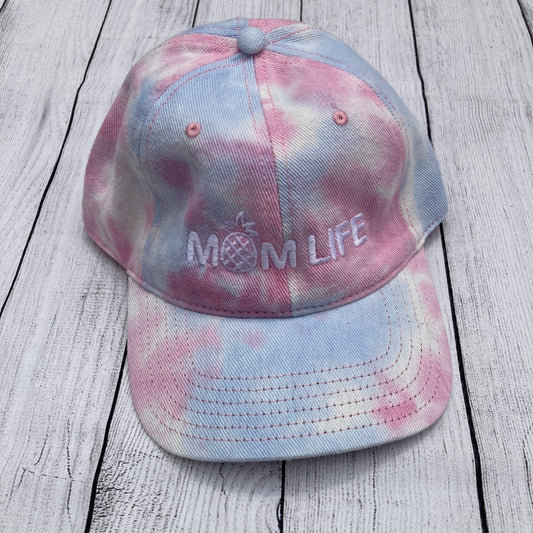 Blue and Pink Tie Dye Hat with writing saying, "MOM LIFE" and the O in Mom is a pineapple. - Cap - Hat - Mom Life - Mom Gift