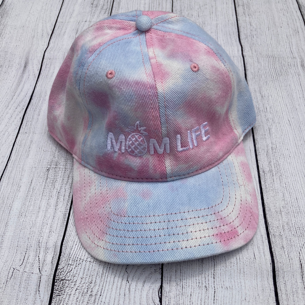 Blue and Pink Tie Dye Hat with writing saying, 