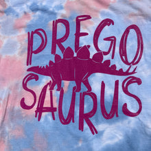 pink and blue tie dye tee that says, "PREGO SAURUS" with a dino inbetween the 2 words - maternity - pregnant - dino - tie dye -graphic tee