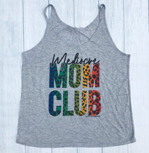 Grey tank top that says, "Mediocre MOM CLUB" and the MOM CLUB section is cheetah and rainbow print - cheetah - mom - pride - rainbow-okay mom- hot mess mom- mother's day- gift- Motherhood- animal print graphic