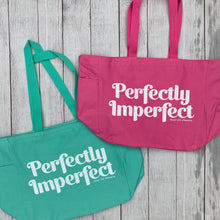 Perfectly imperfect tote bag- photo contains 3 totes laid out with "perfectly imperfect" on them. Totes best for: eco, reusable, recycle, grocery shopping, tote, reusable bags, hot pink, seafoam, green, motherhood, mom bag