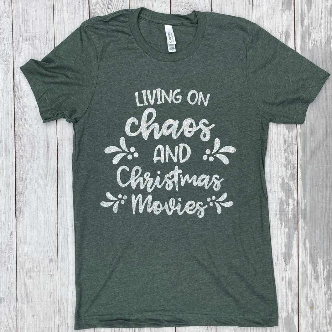 Living on Chaos and Christmas Movies Silver Glitter Tee