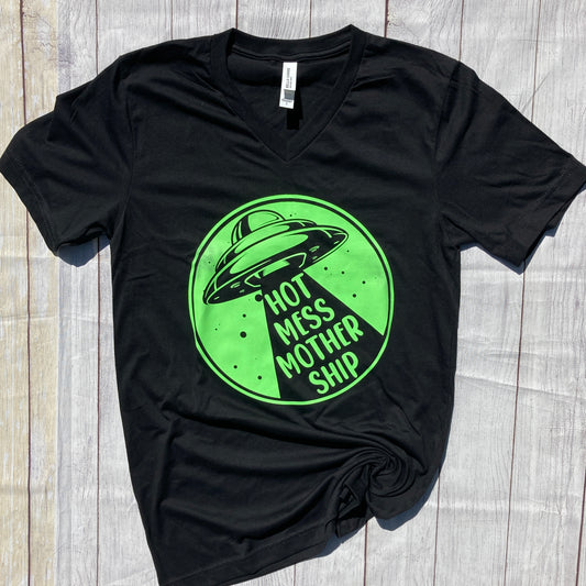 Hot Mess Mothership Neon Green Tee Mom